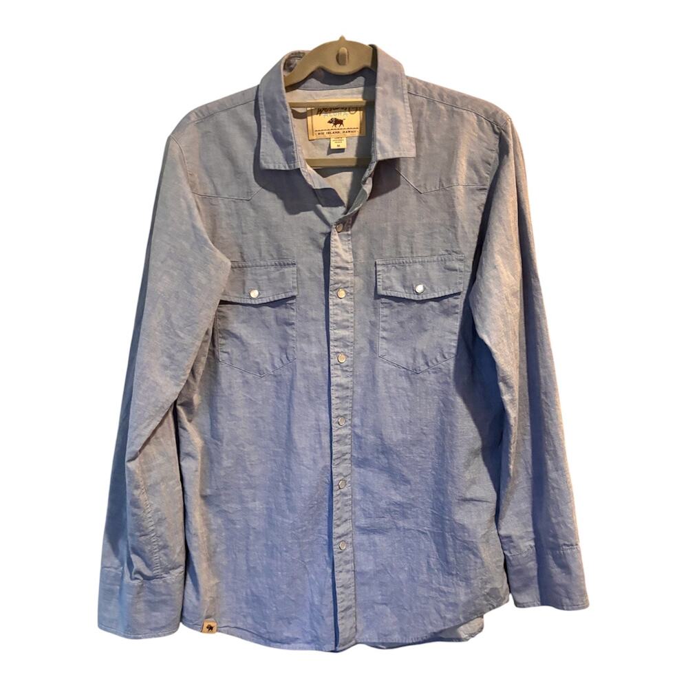 Western Aloha Walking Boar Chambray Pearl Snap Western Shirt Blue Medium